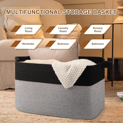 Extra Large Laundry Basket, 95L Blanket Basket for Living Room, Cotton Rope Toy Storage for Kids, Woven Storage for Clothes, Towels, Pillows, 24" x 17" x 14", Pink and White