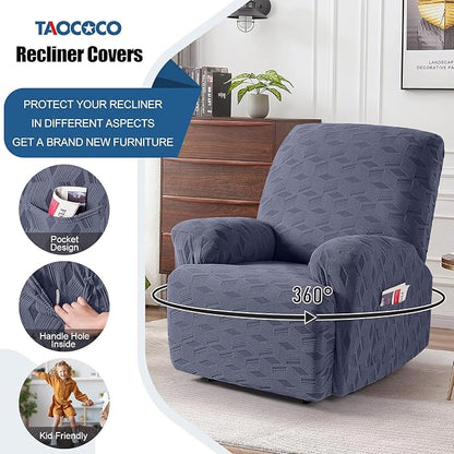 TAOCOCO Recliner Cover 3 Pieces Recliner Chair Covers, Stretch Jacquard Reclining Chair Cover, Furniture Protector Sofa Slipcovers Couch Covers with Elastic Bottom for Kids, Pets (Grey)
