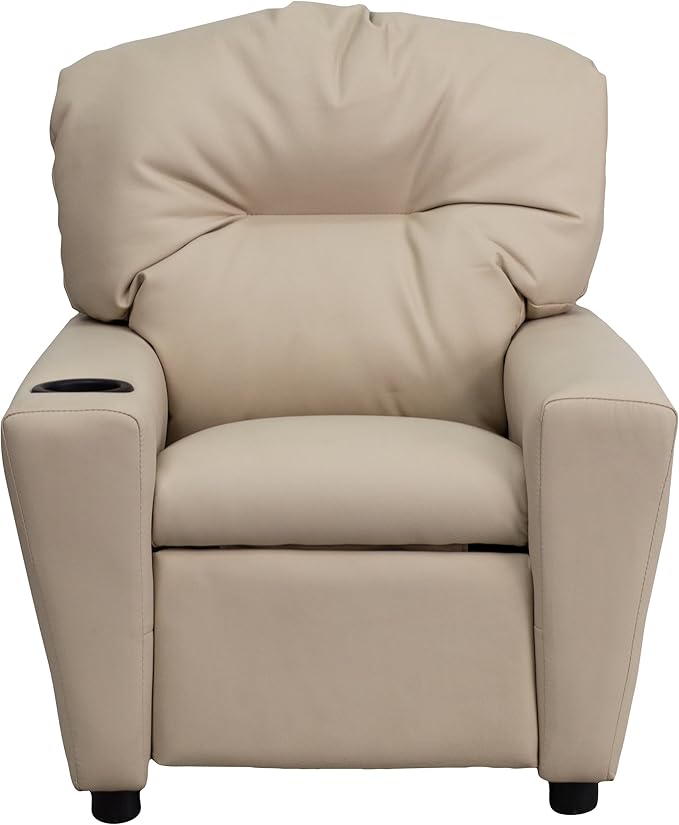 Flash Furniture Chandler Vinyl Kids Recliner with Cup Holder and Safety Recline, Contemporary Reclining Chair for Kids, Supports up to 90 lbs., Beige