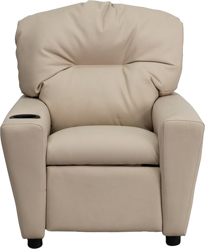 Flash Furniture Chandler Vinyl Kids Recliner with Cup Holder and Safety Recline, Contemporary Reclining Chair for Kids, Supports up to 90 lbs., Beige