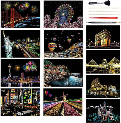 Georgie Porgy Scratch Paper Art A4 Set for Kids Adults Magic Rainbow Scratch Postcards Boards for DIY Arts and Crafts Kits Christmas Birthday Gift with Scratching Tools Kit (Europe+USA)