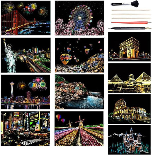 Georgie Porgy Scratch Paper Art A4 Set for Kids Adults Magic Rainbow Scratch Postcards Boards for DIY Arts and Crafts Kits Christmas Birthday Gift with Scratching Tools Kit (Europe+USA)