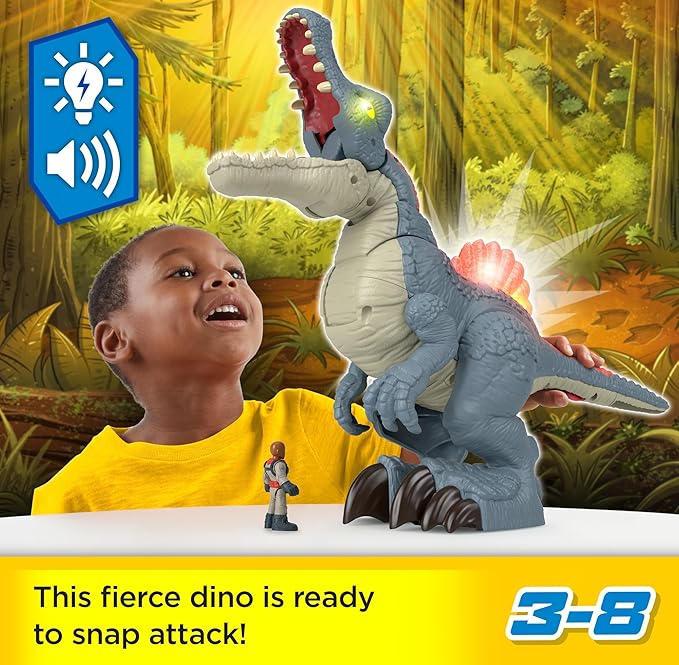 Fisher-Price Imaginext Jurassic World Dinosaur Toy Ultra Snap Spinosaurus, Lights Sounds & Chomping Action, for Preschool Kids Ages 3+ Years