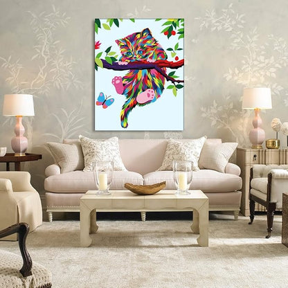 Elftoyer Paint by Numbers for Kids & Beginner, DIY Canvas Painting Gift Kits - Colorful Cats and Butterflies 12 x 16 inch (Framed)
