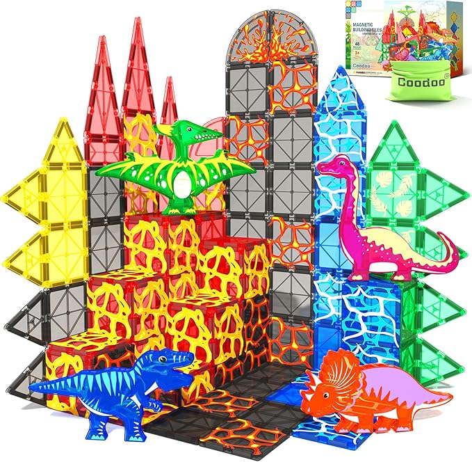 Dinosaur Toys Magnetic Tiles Lava Dinosaur World Set - Kids Games for 3+ Year Old Boys & Girls, Magnetic Blocks for Kids Ages 3-4 5-7 8-13 STEM Preschool Learning Montessori Toddler Toys