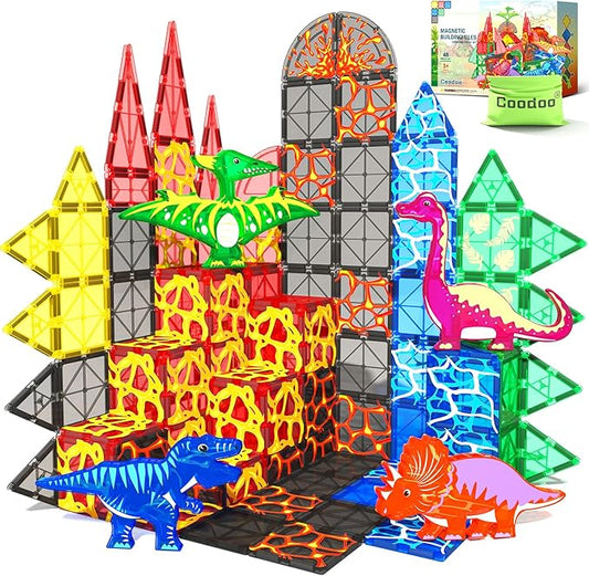 Dinosaur Toys Magnetic Tiles Lava Dinosaur World Set - Kids Games for 3+ Year Old Boys & Girls, Magnetic Blocks for Kids Ages 3-4 5-7 8-13 STEM Preschool Learning Montessori Toddler Toys