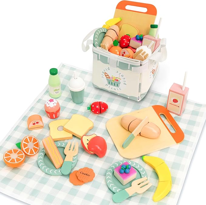 Picnic Playset - Wooden Play Food - Play Food Sets for Kids Kitchen - Pretend Food, Toy Food with Multifunctional Storage Bag, Non-Toxic Toy Picnic Set Best Gift for 3+ Toddlers