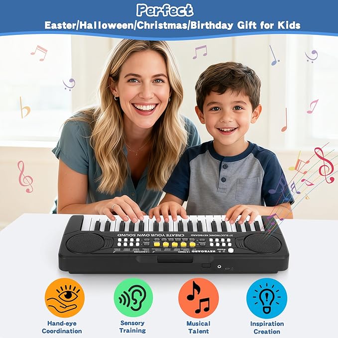 Kids Toddler Toy Piano Keyboard - 37 Key Pianos for Kid Music Toys Instruments with Microphone | Unlock Musical Fun, Perfect Birthday for 3-8 Year Old (Black)