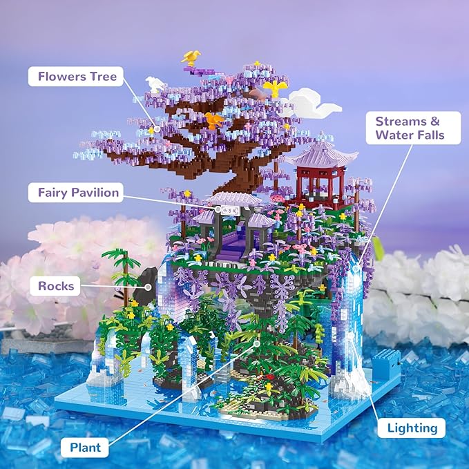 Chinese Moon Palace Pavilion Building Blocks Set - Micro Miniature Bonsai Tree House with String Lights and Flowers for Adults and Kids (4574 Pieces)