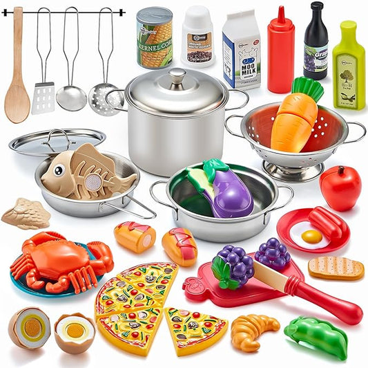 Pretend Play Kitchen Accessories, 52pc Kids Kitchen Playset with Play Food, Stainless Steel Cookware, Kitchen Toys Pots and Pans, Toddler Kitchen Set with Cuttable Toy Food, Boys Girls Gift