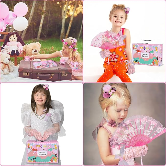 Tea Party Set for Little Girls, Tin Tea Set with Gloves Fan Necklace Bracelet Dress Up Accessories, Princess Tea Time Toys, Kitchen Pretend Play Toy, Birthday Gifts for Kids Toddler Age 3-8