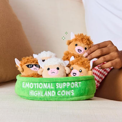 Emotional Support Highland Cows by Relatable, Cuddly Stuffed Animals and Plushies Set, Small Gifts for Mom, Includes 5 Highland Cows Plush Toys with Carrying Basket, for Mom