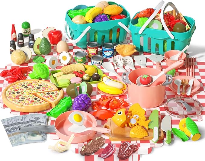150Pcs Kitchen Playset, Toddlers Pretend Cooking Cookware Accessories, Food, Picnic Blanket, Fruits, Veges, 2Pack Shopping Storage Basket, Dessert and Prop Money, Gift for Kids (Pink)
