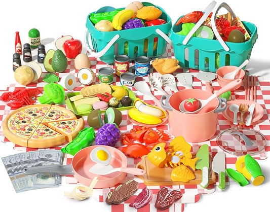 150Pcs Kitchen Playset, Toddlers Pretend Cooking Cookware Accessories, Food, Picnic Blanket, Fruits, Veges, 2Pack Shopping Storage Basket, Dessert and Prop Money, Gift for Kids (Pink)