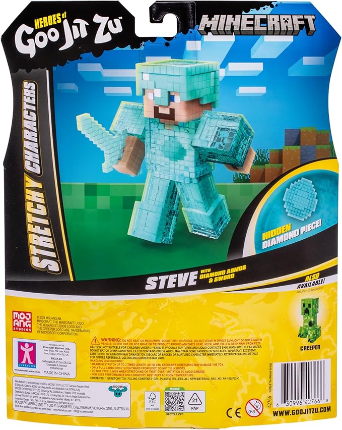 Heroes of Goo Jit Zu Minecraft Stretchy Characters, Steve with Diamond Armor & Sword, Super Squishy Goo Filling with Hidden Diamond Piece Inside, Stretch Him Up to 3 Times His Size - Sensory Toys