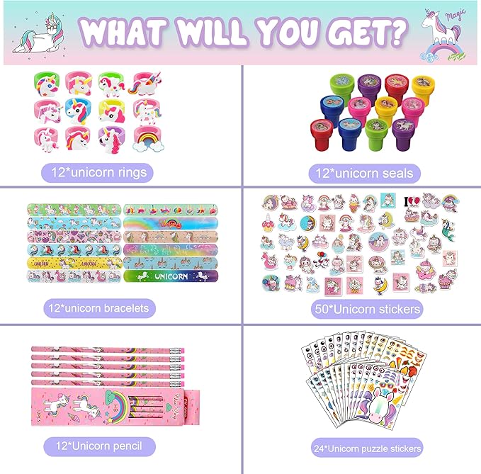122pcs Unicorn Party Favors for Kids, Unicorn Party Decorations, Includes Unicorn Stampers for Kid, Slap Bracelets, Rings, Stickers, Luggage Sticker Unicorn Party Supplies for Birthday Gift