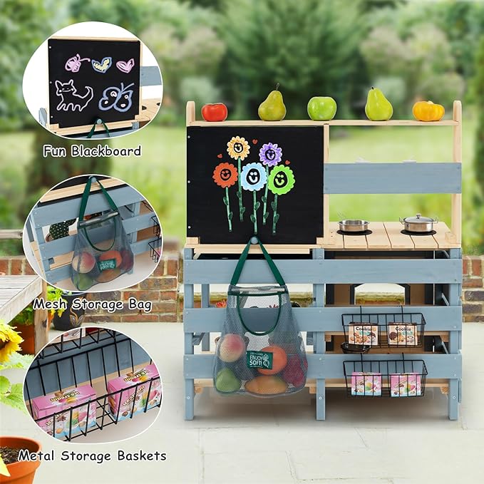 Costzon 2 in 1 Mud Kitchen, Fir Wood Outdoor Play Kitchen & Grocery Store w/Removable Sink, Water Box & Faucet, Stoves, Storage Bag, Metal Baskets, Double-Sided Kids Kitchen Playset for Boys Girls 3+