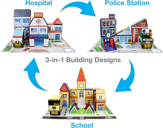 PicassoTiles Master Builder Magnetic Early Educational Toy Building Block Kit with 3 in 1 Playboard for Kid,Baby Ages 3 and Up, STEM Construction with School, Bus, Hospital, Police Station, 300 Piece