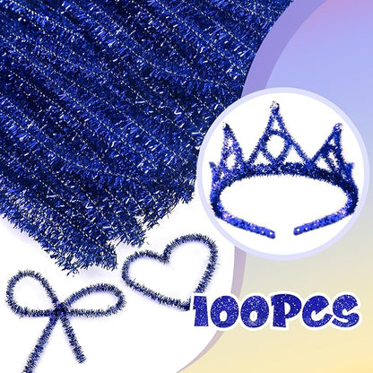 TOAOB 100pcs Christmas Glitter Pipe Cleaners Blue Metallic Pipe Cleaners Craft Supplies 6mm x 12 Inch Chenille Stems Pipe Cleaners for Art DIY Crafts Decorations