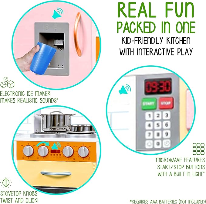 Lil' Jumbl Kids Kitchen Set, Pretend Wooden Play Kitchen, Battery Operated Icemaker & Microwave with Realistic Sound, Pots & Pan Included - Colorful
