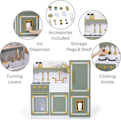 Teamson Kids Versailles Wooden Deluxe Play Kitchen Set Plus Refrigerator with Ice Dispenser and 15 Cookware Accessories, Olive Green