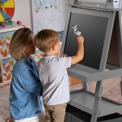 Elevon Art Easel for Kids, Wooden Kids Easel 3 in 1 Adjustable Double Sided, Whiteboard, Chalkboard & Paper Roll, 2-Tier Rack w/ 2 Storage Boxes, Standing Easel for for Painting & Drawing