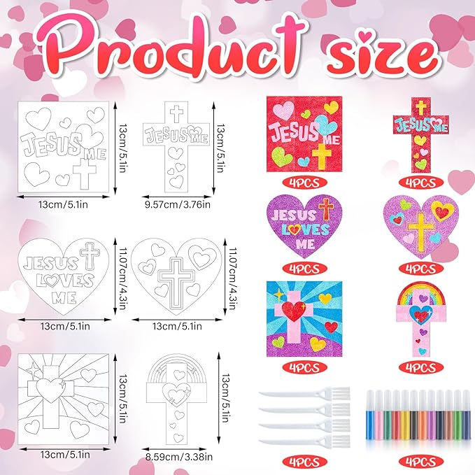 24 Sets Valentine's Day Religious Craft Kit Jesus Loves Me Sand Art Heart Crosses Painting Kit with Colored Sand Brushes Valentine Christian for Valentine Gift Sunday School DIY Activities