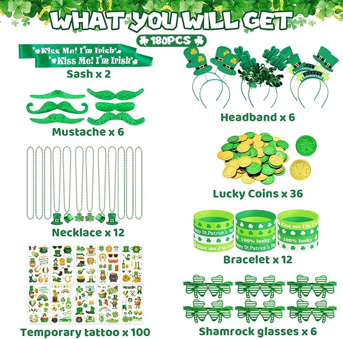 180Pcs St. Patrick's Day Accessories Party Favor Set, Tattoo Stickers, Necklaces, Bracelets, Shamrock Glasses, Headbands, Mustaches, Coins and Kiss Me I'm Irish Sash for Irish Party Supplies
