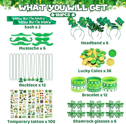 180Pcs St. Patrick's Day Accessories Party Favor Set, Tattoo Stickers, Necklaces, Bracelets, Shamrock Glasses, Headbands, Mustaches, Coins and Kiss Me I'm Irish Sash for Irish Party Supplies
