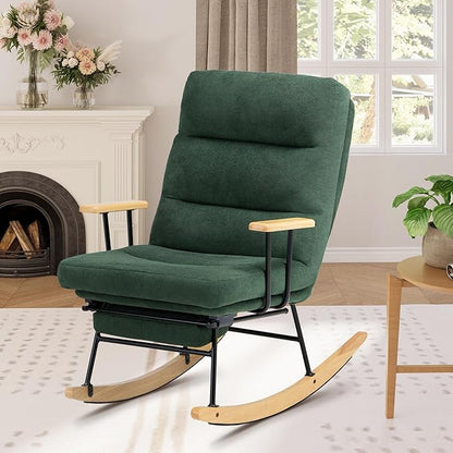 Rocking Chair with Footrest-Glider Rocker Chair with Retractable Footrest and Adjustable Backrest, Teddy Upholstered Rocking Chair, Modern Accent Chair for Living Room/Nursery/Bedroom/Outdoor-Green
