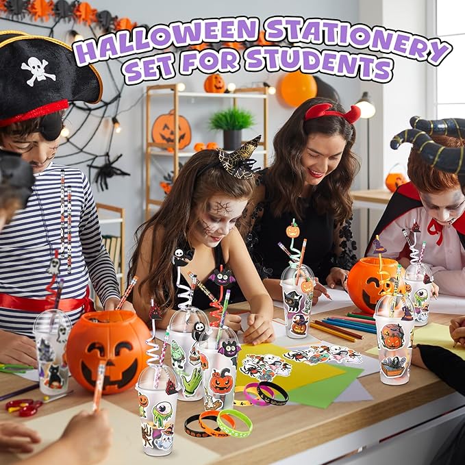 24 Set Halloween Party Favors Gift Cups Filler for Students, Halloween Goodie Bag Fillers, Halloween Treats Non Candy, Halloween Keychain Pencil Straw Silicone Bracelet for Classroom Gifts