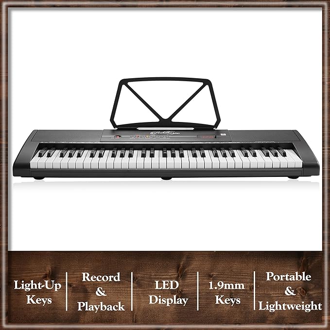 Ashthorpe 61-Key Digital Keyboard Piano with Lighted Keys, Stand, and Bench, Portable Electronic Piano Keyboard Kit with Headphones and Microphone
