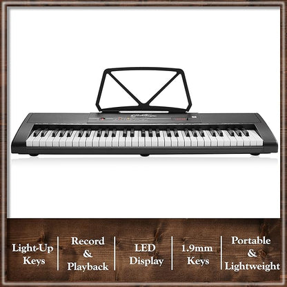 Ashthorpe 61-Key Digital Keyboard Piano with Lighted Keys, Stand, and Bench, Portable Electronic Piano Keyboard Kit with Headphones and Microphone