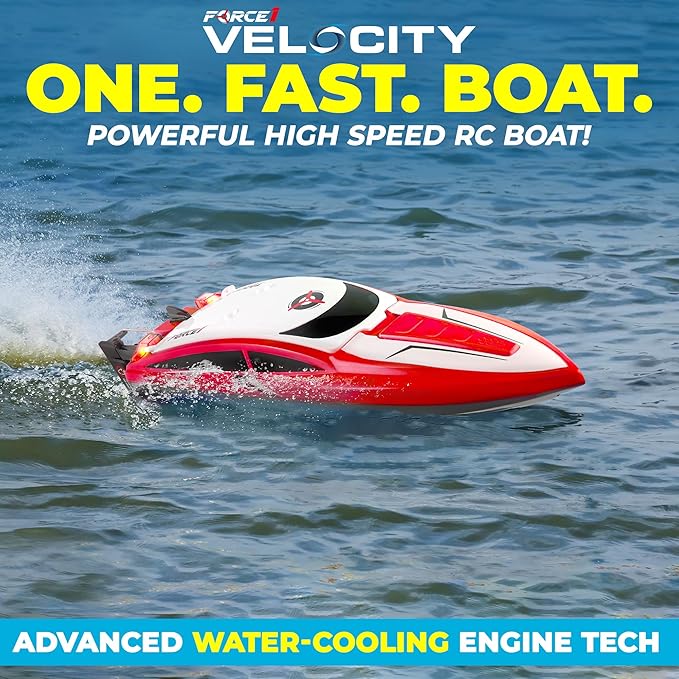 Force1 Velocity Red Fast RC Boat- Remote Control Boats for Adults and Kids, Underwater Speed Racing Mini RC Toy for Pools and Lakes, 2.4GHZ Transmitter, 2 Rechargeable Batteries, Low Battery Alert