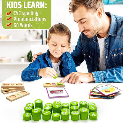 Preschool Kindergarten Learning Activities,ABC Learning for Toddlers,Wooden CVC Word Spelling Games with Flash Cards,Montessori Educational Toys Gifts for 3-7 Years Old Kids,Phonics Books for Readers