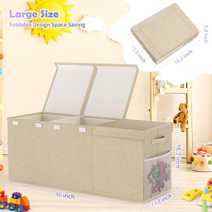 Mabahoo Extra Large Toy Box, Collapsible Sturdy Kids Toy Chest for Boys, Girls, 40"x14"x16" Storage Organizer Toddler Storage Bins with Lids, Toybox Basket for Living Room, Bedroom, Nursery, Beige