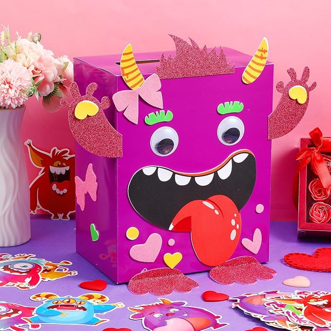 Pasimy DIY Valentines Monster Mailbox with 30 Greeting Cards, Monster Mailbox for Valentine's Day Exchange Gifts Party Favor Sets