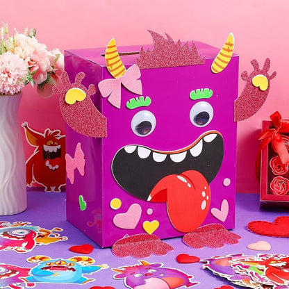 Pasimy DIY Valentines Monster Mailbox with 30 Greeting Cards, Monster Mailbox for Valentine's Day Exchange Gifts Party Favor Sets
