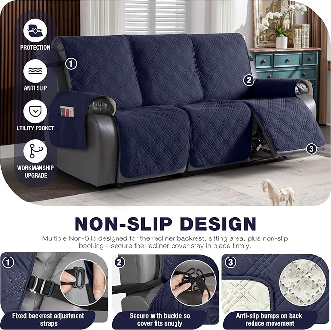 TAOCOCO 100% Waterproof Recliner Sofa Covers 3 Seater, Split Couch Covers for Reclining Couches for Kids Pets, Non Slip Reclining Couch Covers Furniture Protector with Straps(3 Seater, Navy Blue)