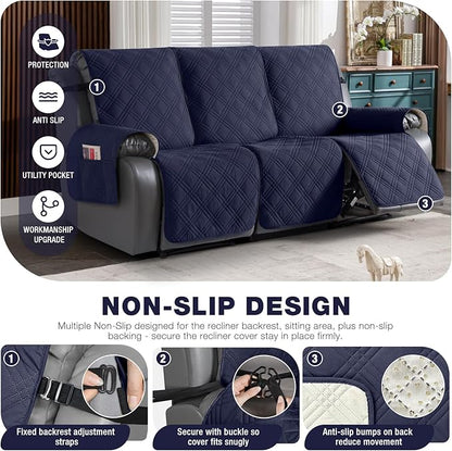 TAOCOCO 100% Waterproof Recliner Sofa Covers 3 Seater, Split Couch Covers for Reclining Couches for Kids Pets, Non Slip Reclining Couch Covers Furniture Protector with Straps(3 Seater, Navy Blue)