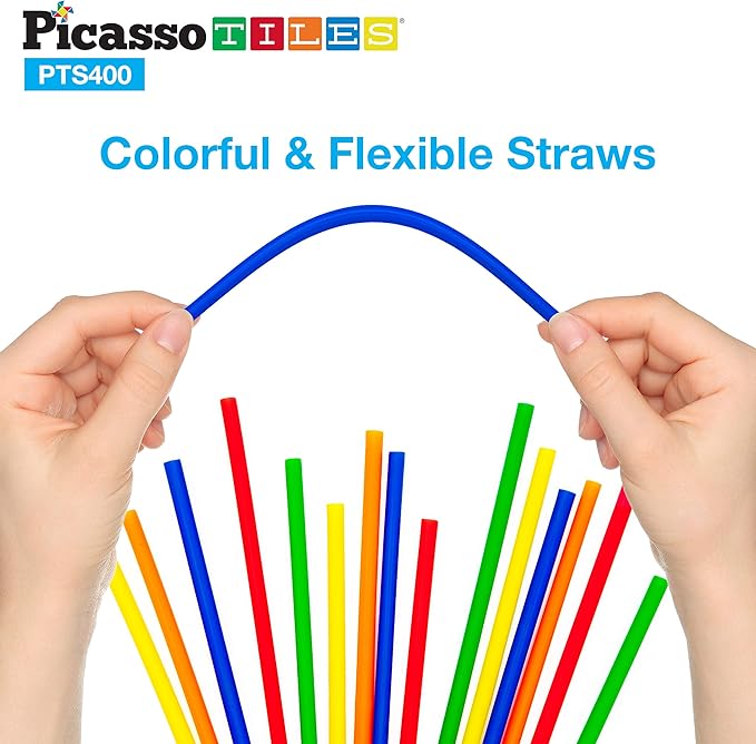 PicassoTiles 400pc Construction Toy Straw Building Set Children STEM Learning Interlocking Building Toys Creative Straw Connecting Builder Kits Early Education Kit for Kids Boys & Girls Ages 3+ PTS400