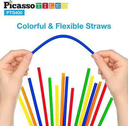 PicassoTiles 400pc Construction Toy Straw Building Set Children STEM Learning Interlocking Building Toys Creative Straw Connecting Builder Kits Early Education Kit for Kids Boys & Girls Ages 3+ PTS400