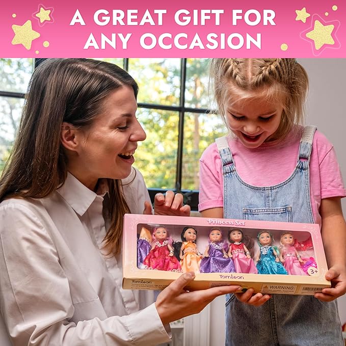 TOMLEON Princess Dolls Playset – 6 Mini Princess Dolls with Colorful Gowns, Crowns & Jewelry – Fantasy Role Play Set for Kids with Elegant Dresses, Accessories & Royal-Themed Box – Gift for Ages 3+