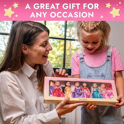 TOMLEON Princess Dolls Playset – 6 Mini Princess Dolls with Colorful Gowns, Crowns & Jewelry – Fantasy Role Play Set for Kids with Elegant Dresses, Accessories & Royal-Themed Box – Gift for Ages 3+
