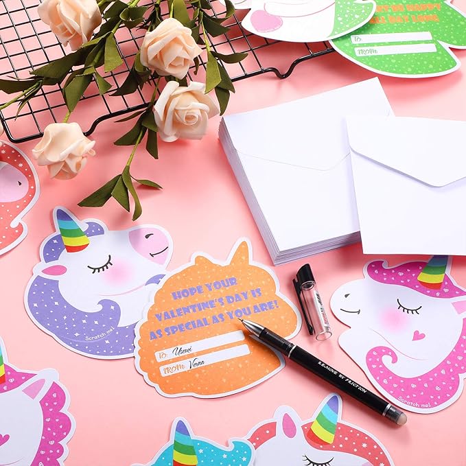 36 Pieces Unicorn Valentines Day Scratch and Sniff Cards for Kids, 6 Style Unicorn Scents Scratch and Sniff Exchange Present Cards for School Classroom Supplies Children Party Favors with 36 Envelopes