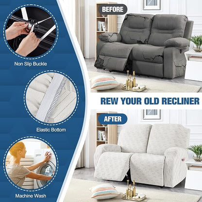 TAOCOCO Recliner Loveseat Cover, Stretch Jacquard Reclining Loveseat Cover Furniture Protector Sofa Slipcovers 2 Seat Recliner Covers with Elastic Bottom for Kids, Pets(Cream White)