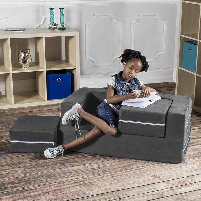 Jaxx Zipline Modular Kids Loveseat & Ottomans/Fold Out Lounger, Charcoal