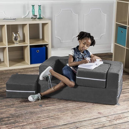 Jaxx Zipline Modular Kids Loveseat & Ottomans/Fold Out Lounger, Charcoal