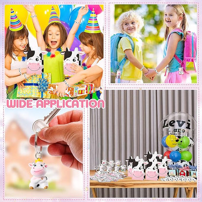 86 Pcs Cow Party Favors Supplies Include Cow Keychains Cow Silicone Bracelets Cow Party Paper Bags Treat Bags Cow Vinyl Stickers for Girls Kids Cow Farm Animals Cowboy Birthday Party Supplies