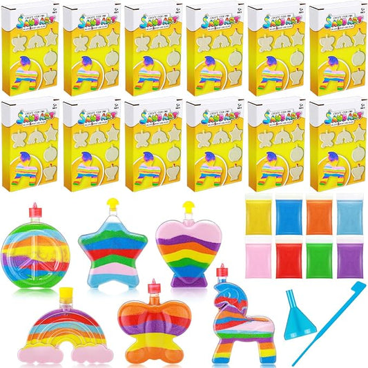 Vertintong 12 Sets Kids Sand Art Activity Kit for Birthday Party Favors Create Your Own Colored Sand Art Includes Sand Bottles with Funnels and Sticks, Bags of Sand for DIY Craft 1960s Party Favors